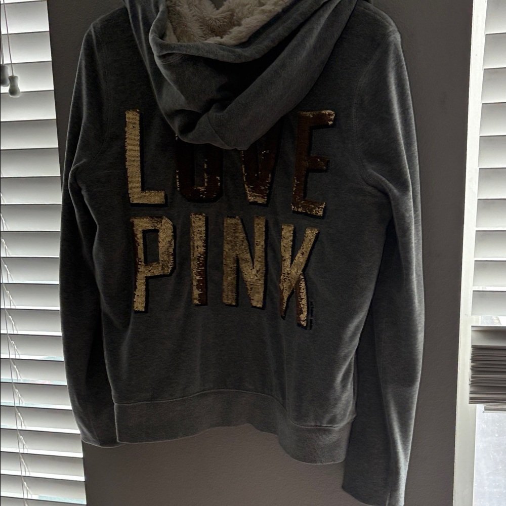 PINK Victoria's Secret Gray Sherpa-Lined Zip Hoodie with Embroidered Dog
